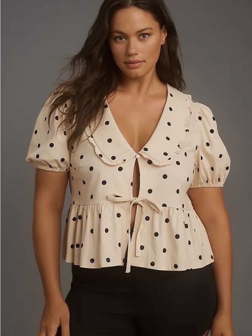 Anthropologie Women's Polka Dot Tie-Front Peplum Top - Cream/Black